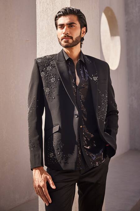 Buy_Yajy By Aditya Jain_Black Sequins, Beads Frost Tuxedo Set _Online_at_Aza_Fashions
