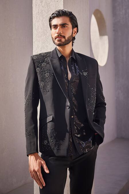 Shop_Yajy By Aditya Jain_Black Sequins, Beads Frost Tuxedo Set _Online_at_Aza_Fashions