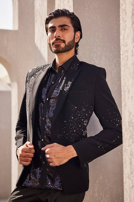 Yajy By Aditya Jain_Black Sequins, Beads Frost Tuxedo Set _at_Aza_Fashions