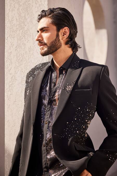Shop_Yajy By Aditya Jain_Black Sequins, Beads Frost Tuxedo Set 
