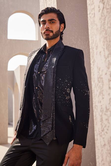 Buy_Yajy By Aditya Jain_Black Sequins Whispers Of Winter Tuxedo Set _Online_at_Aza_Fashions