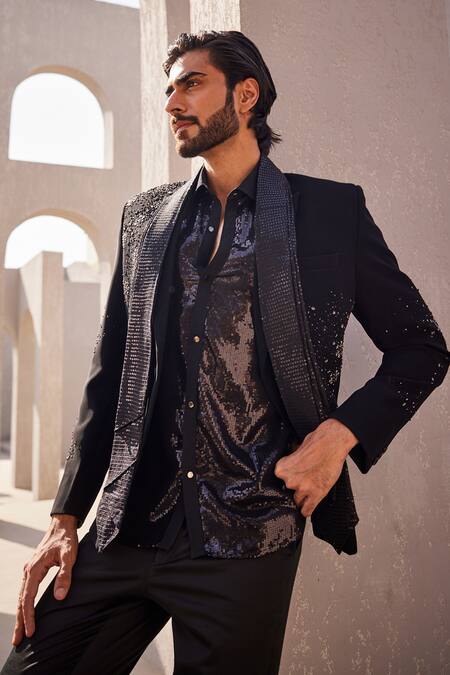 Shop_Yajy By Aditya Jain_Black Sequins Whispers Of Winter Tuxedo Set _Online_at_Aza_Fashions
