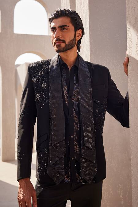 Yajy By Aditya Jain_Black Sequins Whispers Of Winter Tuxedo Set _at_Aza_Fashions
