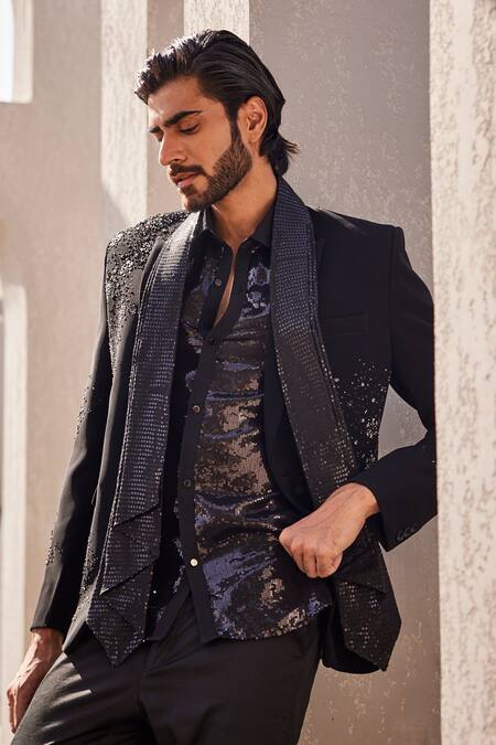 Buy_Yajy By Aditya Jain_Black Sequins Whispers Of Winter Tuxedo Set 