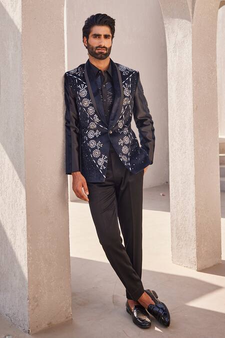 Buy_Yajy By Aditya Jain_Black Beads, Sequins Crystal Dawn Designer Tuxedo Set _Online_at_Aza_Fashions