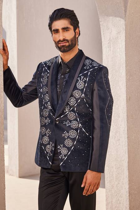 Shop_Yajy By Aditya Jain_Black Beads, Sequins Crystal Dawn Designer Tuxedo Set _Online_at_Aza_Fashions