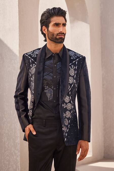 Yajy By Aditya Jain_Black Beads, Sequins Crystal Dawn Designer Tuxedo Set _at_Aza_Fashions
