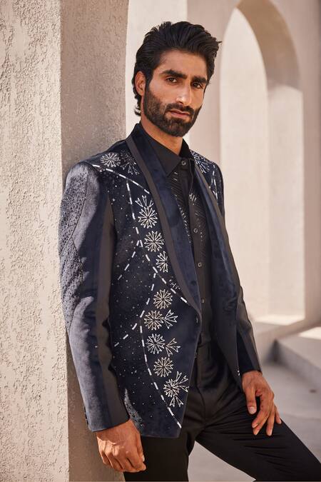Buy_Yajy By Aditya Jain_Black Beads, Sequins Crystal Dawn Designer Tuxedo Set 