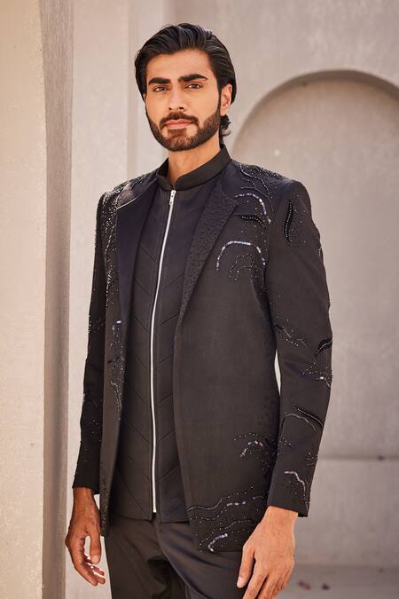 Yajy By Aditya Jain_Black Cotton, Wool Embroidery Luminous Frost Bandhgala Set _Online_at_Aza_Fashions
