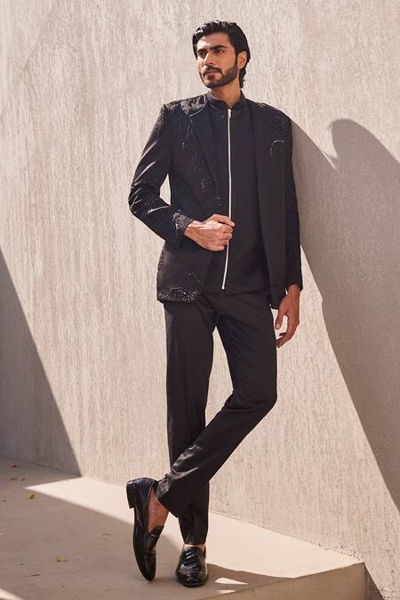 Buy_Yajy By Aditya Jain_Black Cotton, Wool Embroidery Luminous Frost Bandhgala Set _Online_at_Aza_Fashions