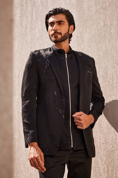 Yajy By Aditya Jain_Black Cotton, Wool Embroidery Luminous Frost Bandhgala Set _at_Aza_Fashions