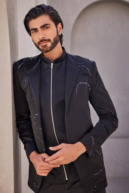 Buy_Yajy By Aditya Jain_Black Cotton, Wool Embroidery Luminous Frost Bandhgala Set 