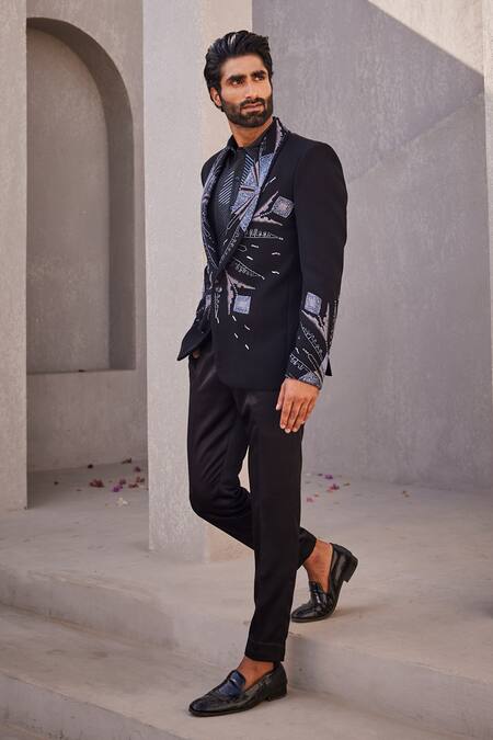 Buy_Yajy By Aditya Jain_Black Embroidery Designer Eternal Snow Tuxedo Set _Online_at_Aza_Fashions