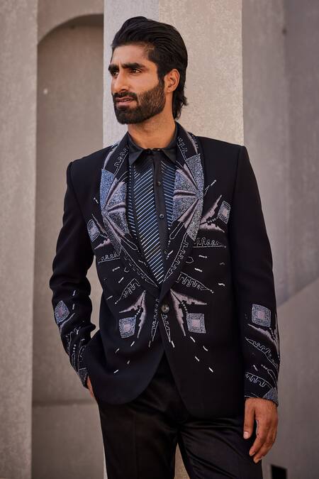 Shop_Yajy By Aditya Jain_Black Embroidery Designer Eternal Snow Tuxedo Set _Online_at_Aza_Fashions
