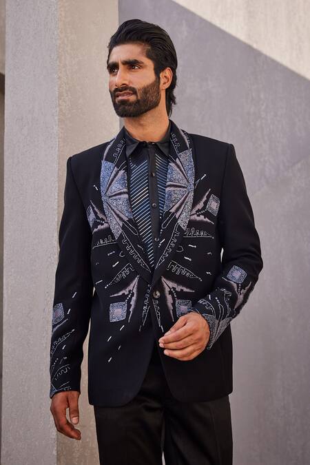 Yajy By Aditya Jain_Black Embroidery Designer Eternal Snow Tuxedo Set _at_Aza_Fashions