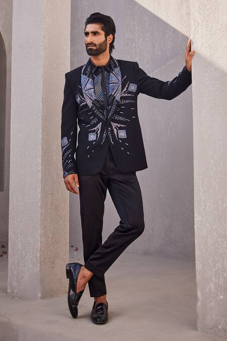 Buy_Yajy By Aditya Jain_Black Embroidery Designer Eternal Snow Tuxedo Set 