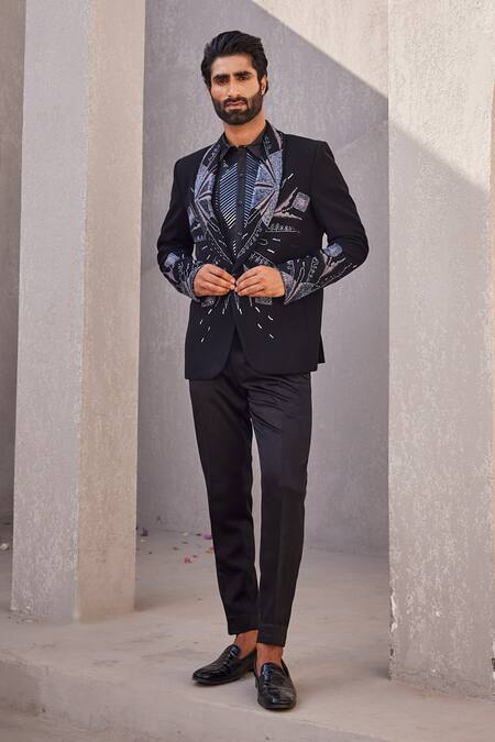 Shop_Yajy By Aditya Jain_Black Embroidery Designer Eternal Snow Tuxedo Set 