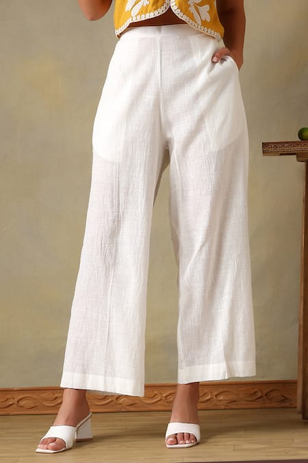 Tashee_Yellow Cotton Embroidery V-neck Jacket Top And Ivory Pants _Online_at_Aza_Fashions