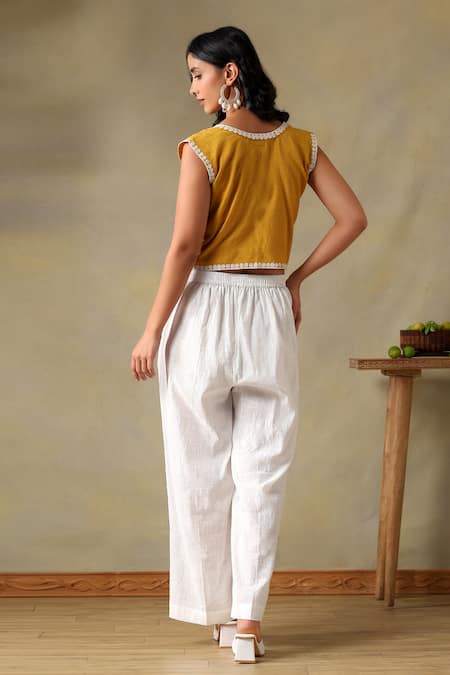 Tashee Yellow Embroidered Jacket Top & Ivory Pants 