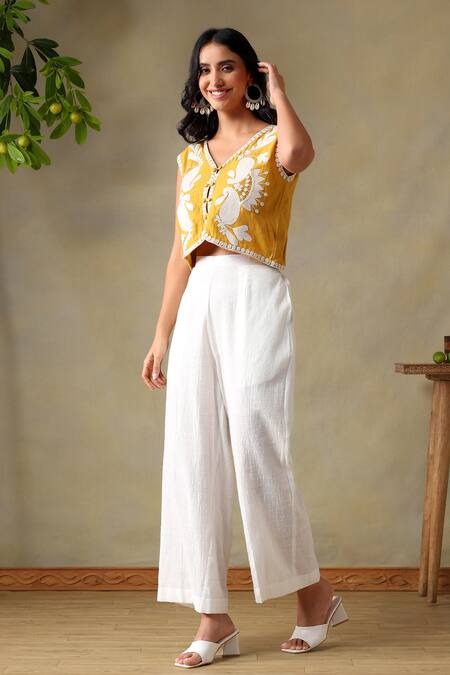 Buy_Tashee_Yellow Cotton Embroidery V-neck Jacket Top And Ivory Pants _Online_at_Aza_Fashions