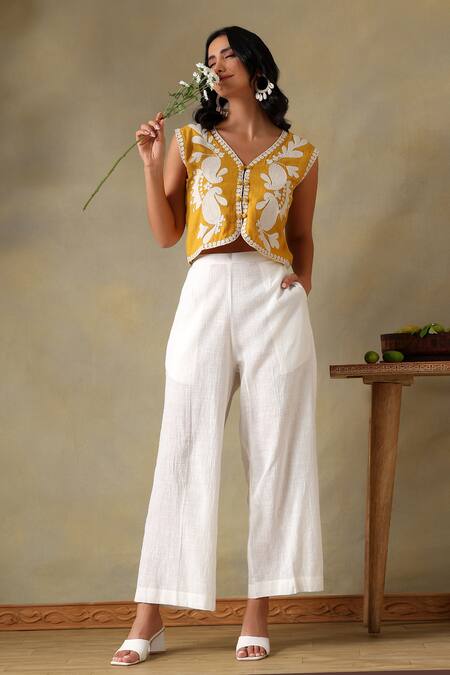 Shop_Tashee_Yellow Cotton Embroidery V-neck Jacket Top And Ivory Pants _Online_at_Aza_Fashions