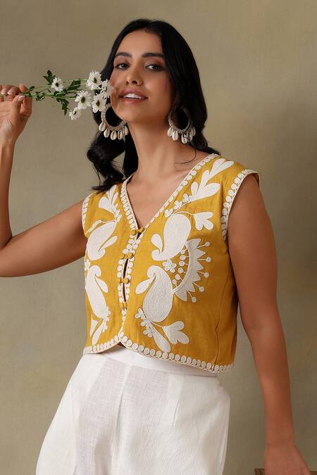 Tashee_Yellow Cotton Embroidery V-neck Jacket Top And Ivory Pants _at_Aza_Fashions