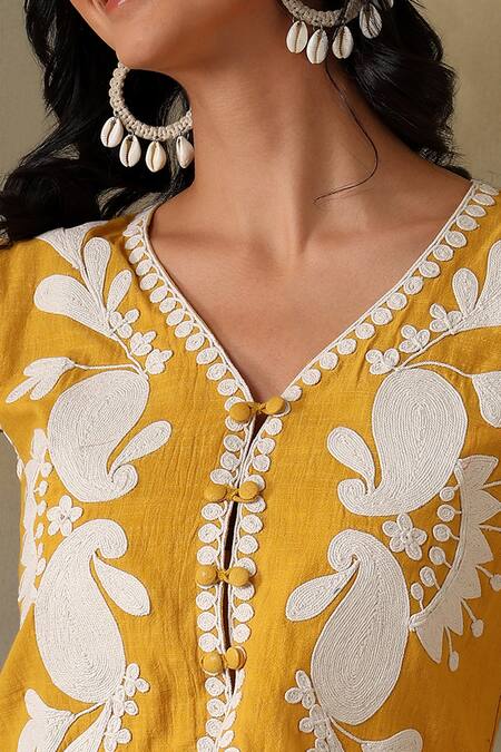 Buy_Tashee_Yellow Cotton Embroidery V-neck Jacket Top And Ivory Pants 