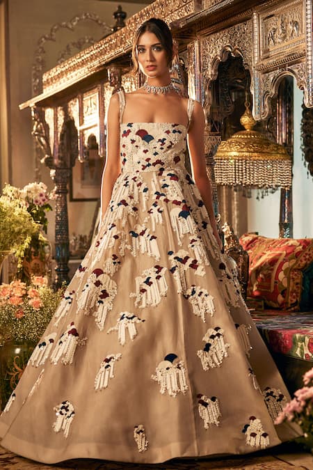 Sahil Kochhar Beige Embroidered Designer Gown 
