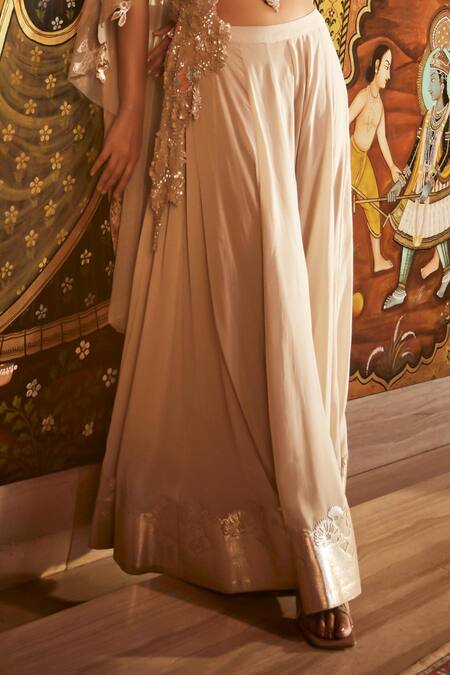 Sahil Kochhar_Beige Viscose, Crepe, Net Sequins, Embroidery Round Neck Top And Sharara Set _Online_at_Aza_Fashions