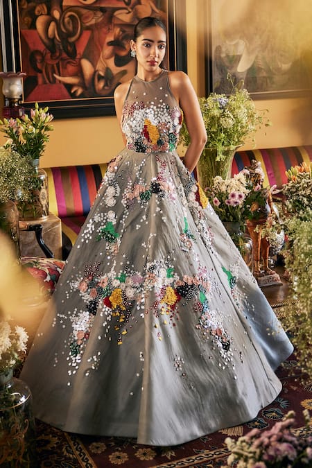 Sahil Kochhar Grey Organza Floral Embroidered Gown 