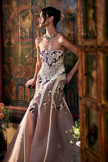 Sahil Kochhar_Pink Organza Embroidery Open Neck Designer Gown _Online_at_Aza_Fashions