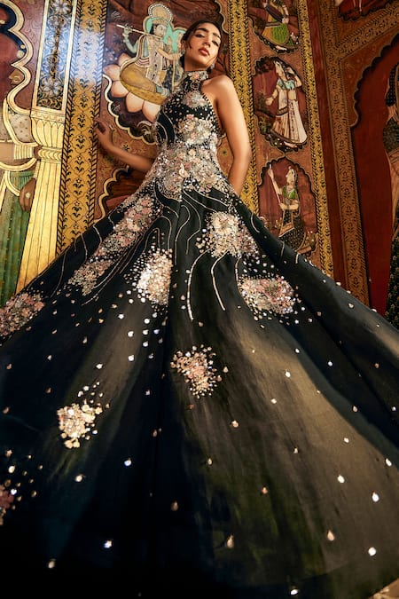 Sahil Kochhar_Black Organza Embroidery, Sequins Halter Neck Designer Gown _Online_at_Aza_Fashions