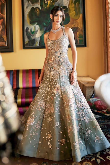 Sahil Kochhar_Green Organza Sequins, Embroidery Halter Neck Gown _Online_at_Aza_Fashions