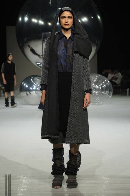 Somya Goyal_Black Viscose, Cotton Obscura Handwoven Coat _Online_at_Aza_Fashions