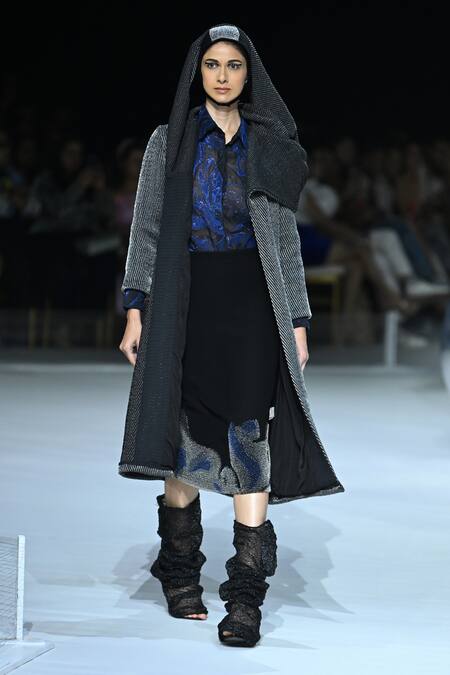 Buy_Somya Goyal_Black Viscose, Cotton Obscura Handwoven Coat _Online_at_Aza_Fashions