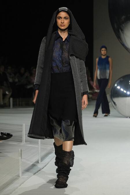 Shop_Somya Goyal_Black Viscose, Cotton Obscura Handwoven Coat _Online_at_Aza_Fashions