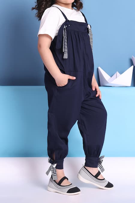 Petite Pomme_Navy Cotton Ribbons Jumpsuit And Tshirt Set _Online_at_Aza_Fashions