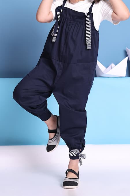 Buy_Petite Pomme_Navy Cotton Ribbons Jumpsuit And Tshirt Set _Online_at_Aza_Fashions