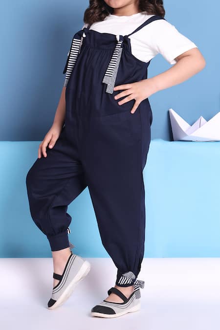 Shop_Petite Pomme_Navy Cotton Ribbons Jumpsuit And Tshirt Set _Online_at_Aza_Fashions