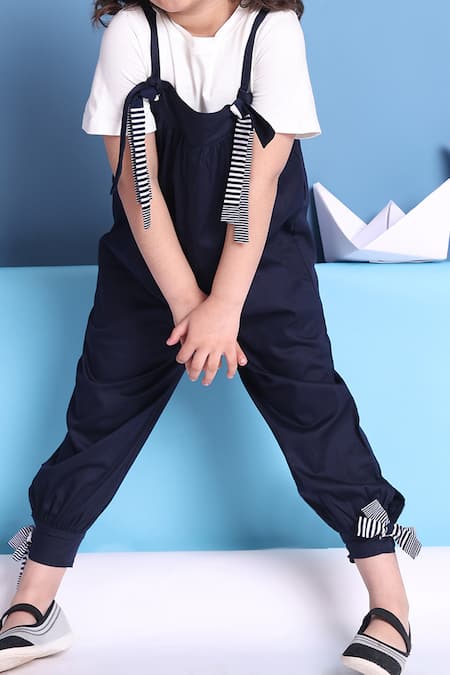 Petite Pomme_Navy Cotton Ribbons Jumpsuit And Tshirt Set _at_Aza_Fashions