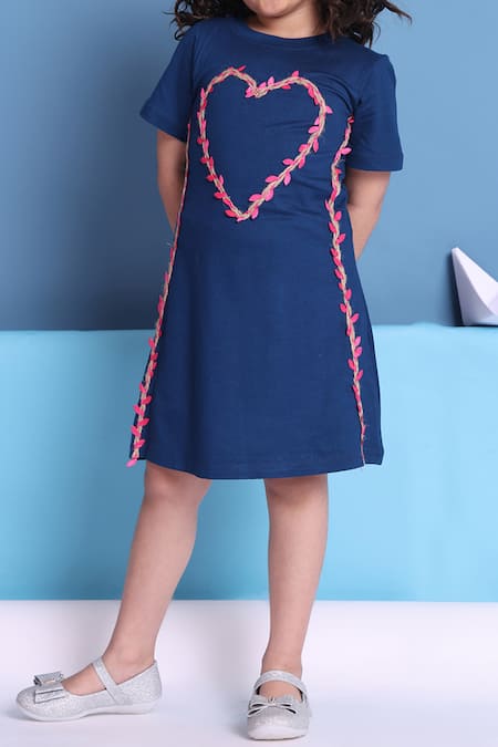 Buy_Petite Pomme_Blue Viscose Fabric Flowers Heart Embroidered Dress _Online_at_Aza_Fashions