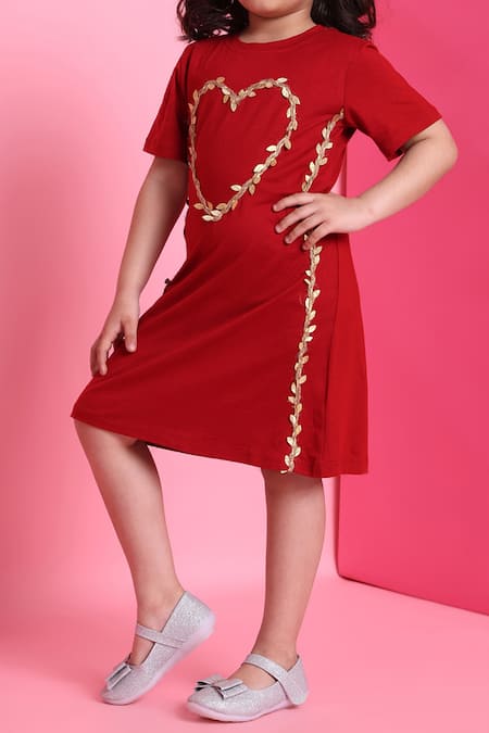 Petite Pomme_Red Viscose Embroidery Heart Embellished Dress _at_Aza_Fashions