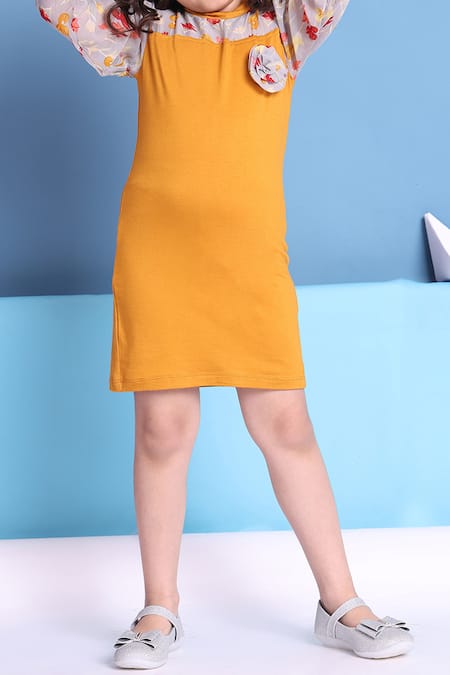 Petite Pomme_Yellow Viscose Fabric Flowers Designer Dress For Girls _at_Aza_Fashions