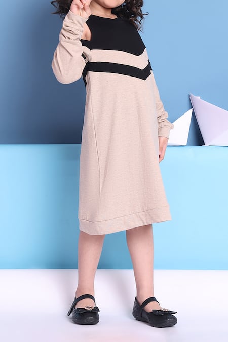 Petite Pomme_Beige Cotton Cold Shoulder Designer Dress _Online_at_Aza_Fashions