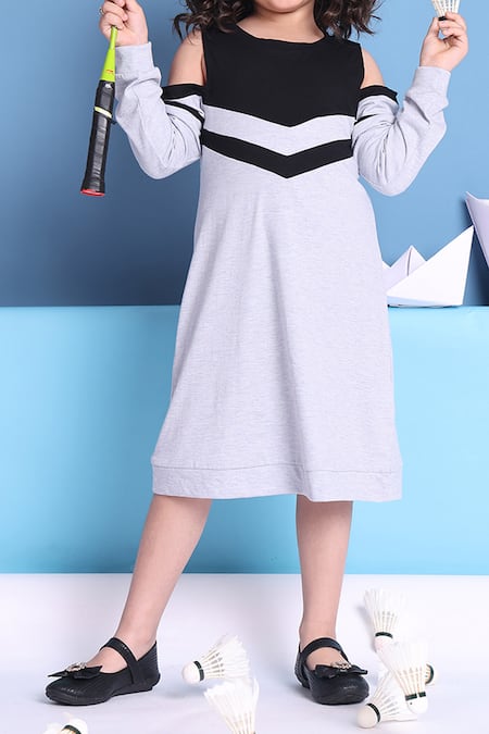 Petite Pomme_Blue Cotton Cold Shoulder Chevron Dress _at_Aza_Fashions