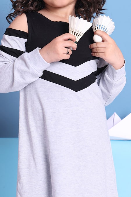 Buy_Petite Pomme_Blue Cotton Cold Shoulder Chevron Dress 