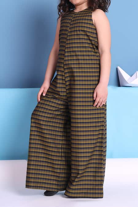 Petite Pomme_Navy Cotton And Olive Checkered Jumpsuit _Online_at_Aza_Fashions