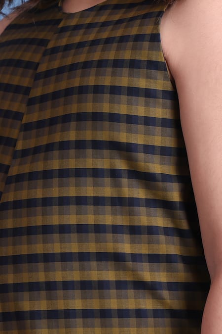 Petite Pomme_Navy Cotton And Olive Checkered Jumpsuit _at_Aza_Fashions