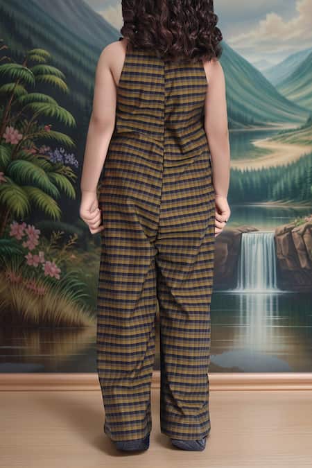Petite Pomme Navy & Olive Checkered Jumpsuit 