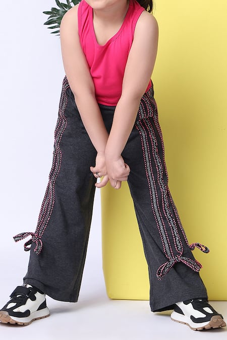 Petite Pomme_Pink Cotton Blend Top And Melange Grey Joggers _Online_at_Aza_Fashions